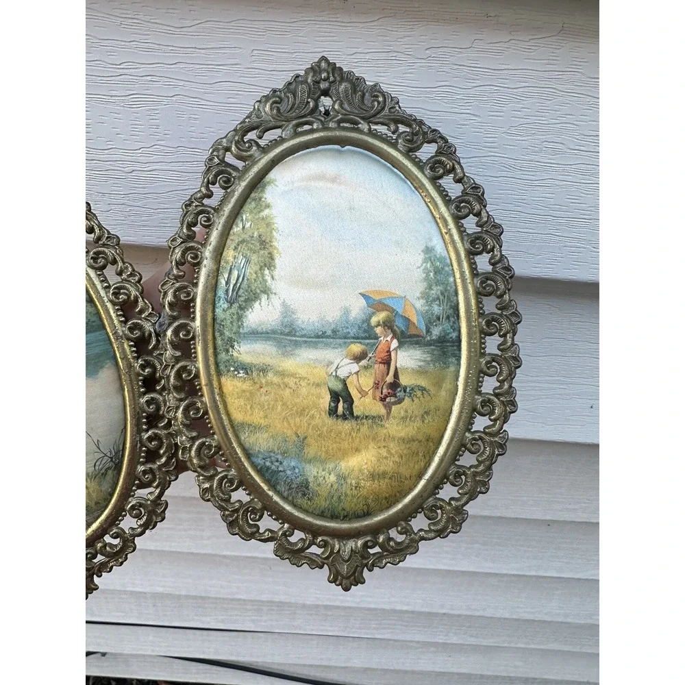 Vintage Victorian Brass Oval Ornate‎ Picture Frames Silk Children Outdoors X2